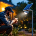 A photograph of a lighting contractor installing a solar motion detector spotlight in a residential outdoor setting