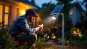 A photograph of a lighting contractor installing a solar motion detector spotlight in a residential outdoor setting