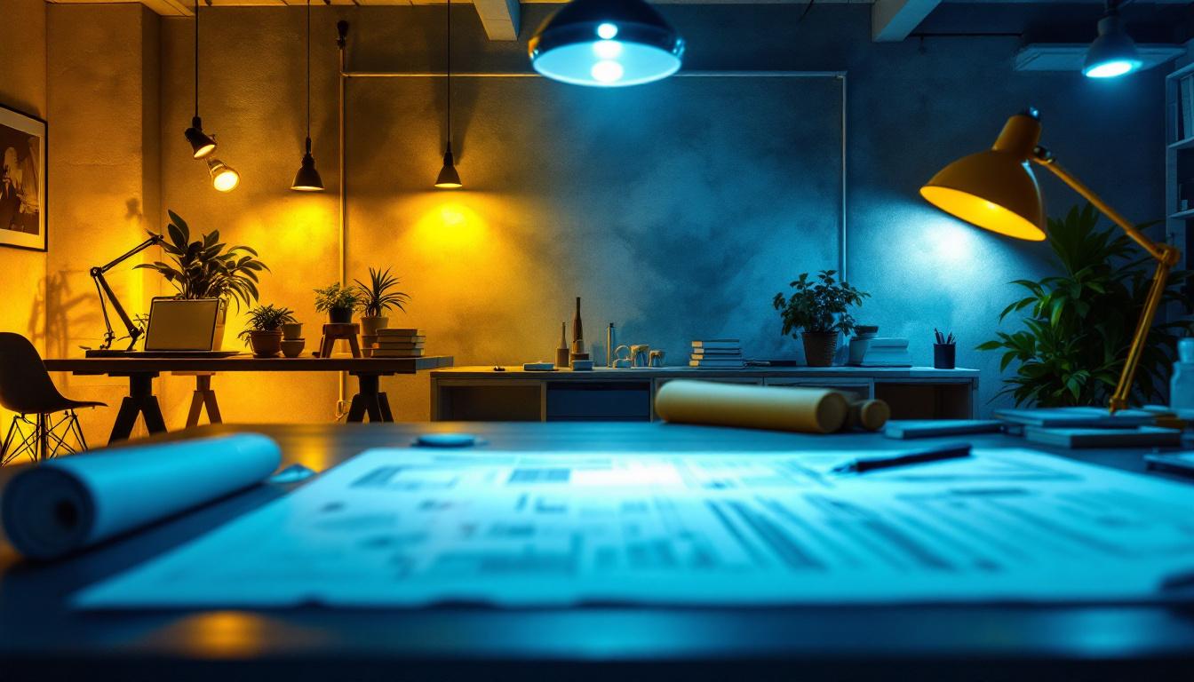 A photograph of a modern workspace featuring a well-lit area illuminated by led lights