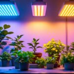 A photograph of a well-lit indoor gardening setup featuring various cheap led grow lamps illuminating healthy plants