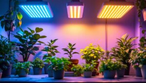 A photograph of a well-lit indoor gardening setup featuring various cheap led grow lamps illuminating healthy plants