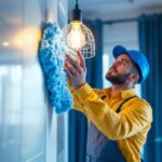 A photograph of a lighting contractor meticulously cleaning a stylish