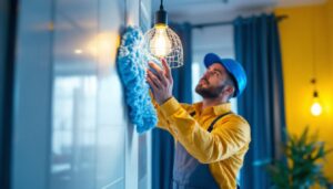 A photograph of a lighting contractor meticulously cleaning a stylish