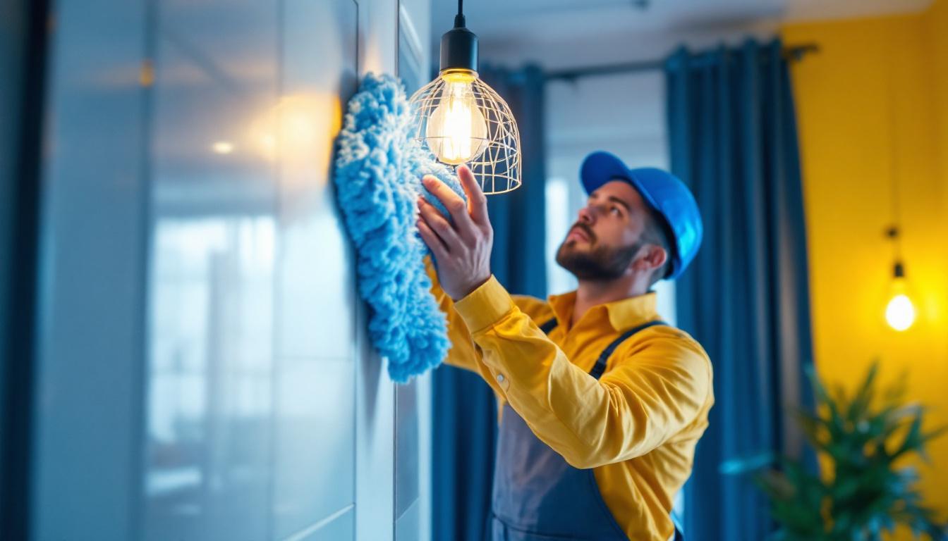 A photograph of a lighting contractor meticulously cleaning a stylish