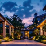 A photograph of a beautifully illuminated outdoor space featuring various styles of overhead lighting installations