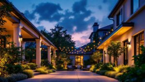 A photograph of a beautifully illuminated outdoor space featuring various styles of overhead lighting installations