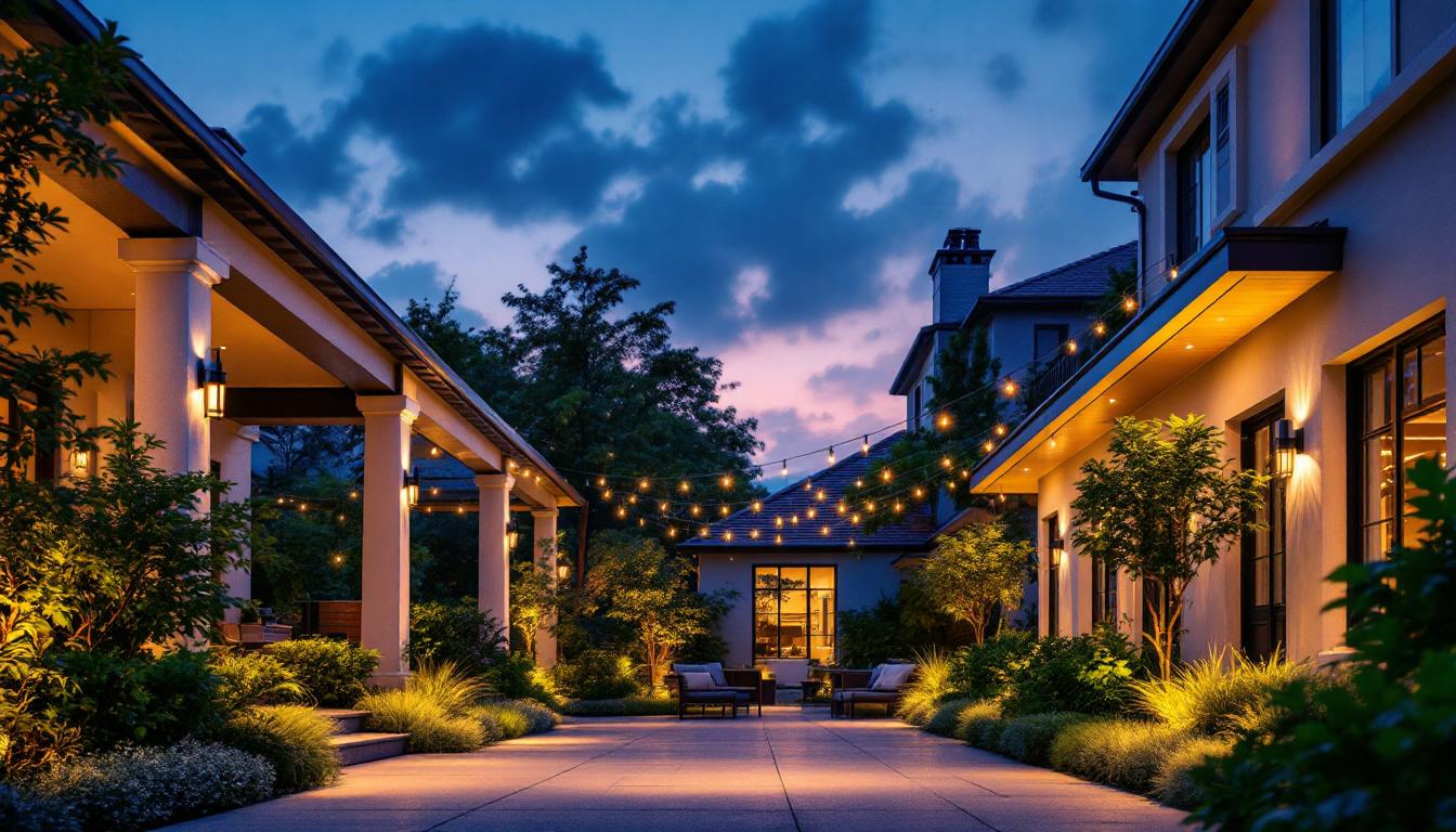 A photograph of a beautifully illuminated outdoor space featuring various styles of overhead lighting installations