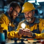 A photograph of a lighting contractor examining a sp41 bulb in a well-lit workshop