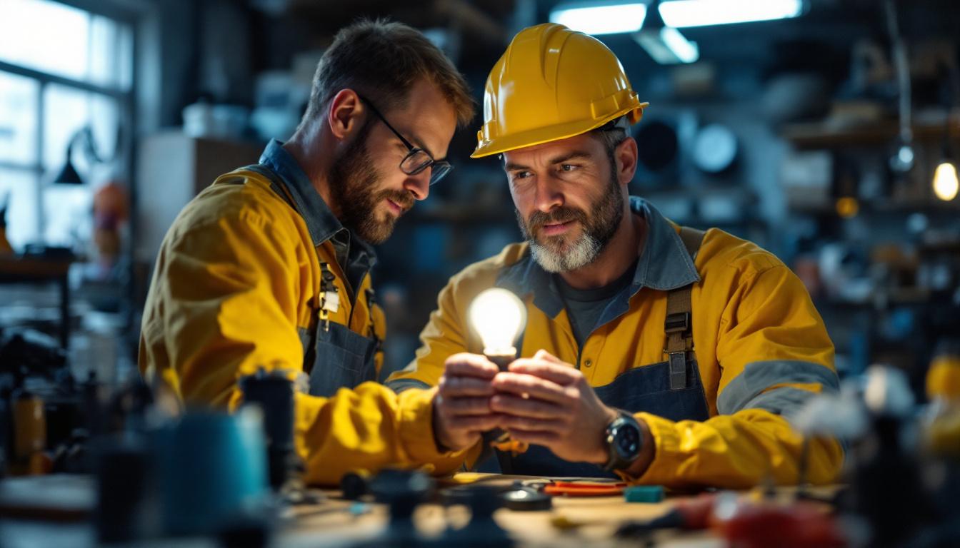 A photograph of a lighting contractor examining a sp41 bulb in a well-lit workshop