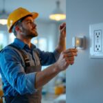 A photograph of a lighting contractor installing an electric outlet switch in a residential setting