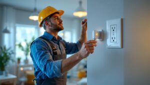 A photograph of a lighting contractor installing an electric outlet switch in a residential setting