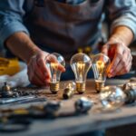 A photograph of a lighting contractor examining a variety of old-style incandescent bulbs on a workbench