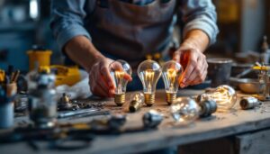 A photograph of a lighting contractor examining a variety of old-style incandescent bulbs on a workbench