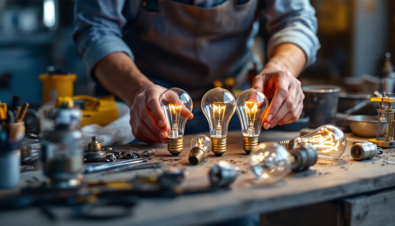 A photograph of a lighting contractor examining a variety of old-style incandescent bulbs on a workbench