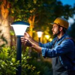 A photograph of a lighting contractor installing or inspecting a modern outdoor led fixture in a beautifully landscaped setting