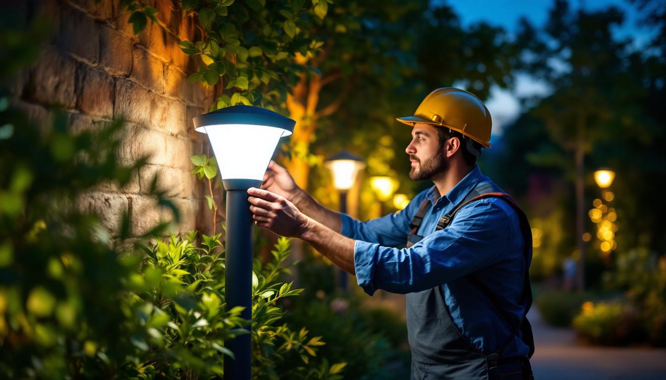 A photograph of a lighting contractor installing or inspecting a modern outdoor led fixture in a beautifully landscaped setting