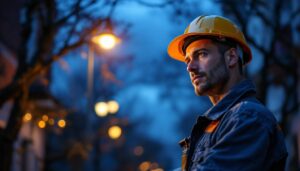 A photograph of a lighting contractor at work