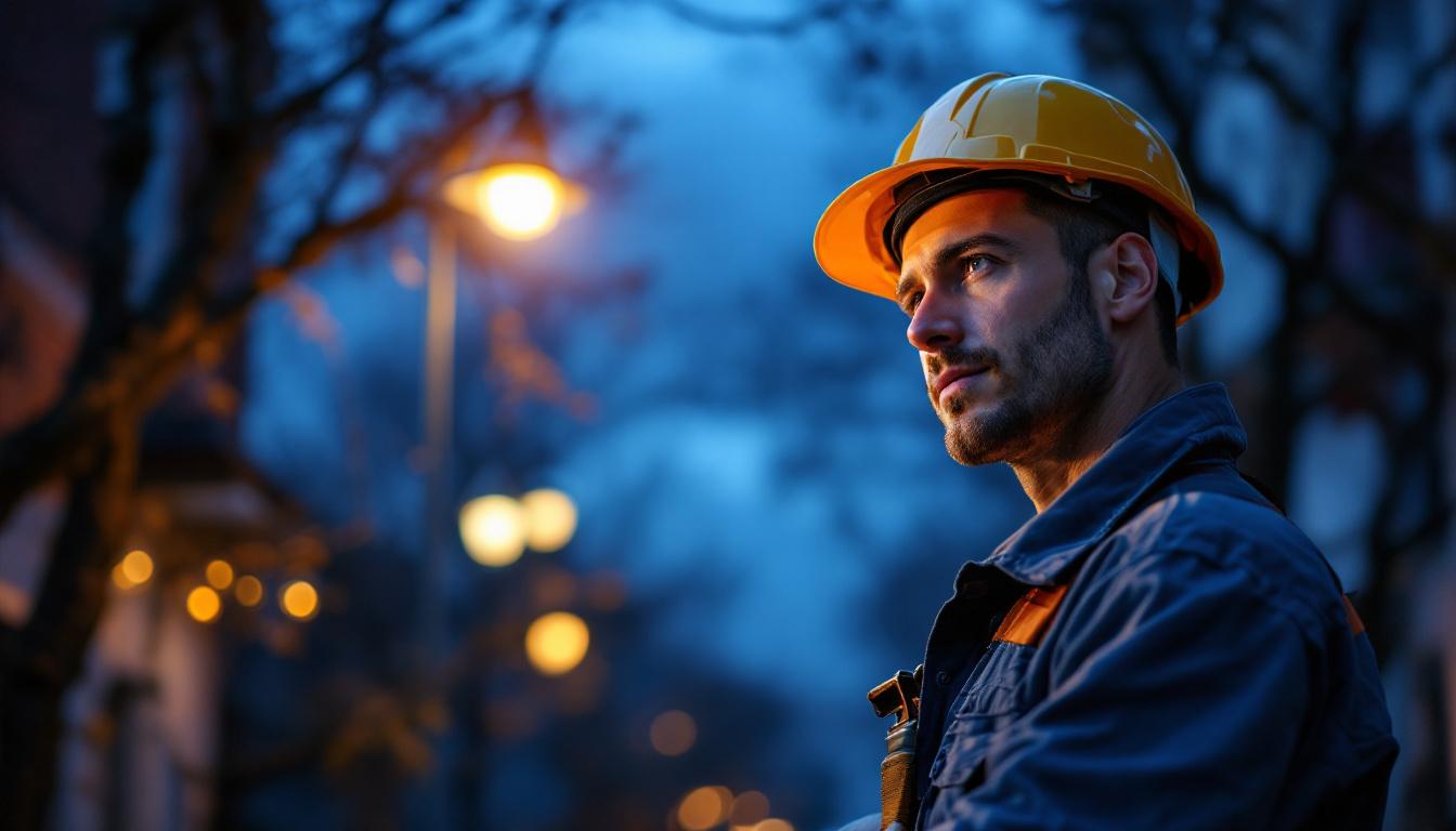 A photograph of a lighting contractor at work