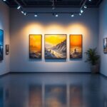 A photograph of a well-lit gallery space showcasing various artworks under sleek