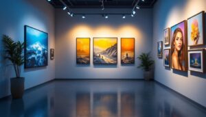 A photograph of a well-lit gallery space showcasing various artworks under sleek