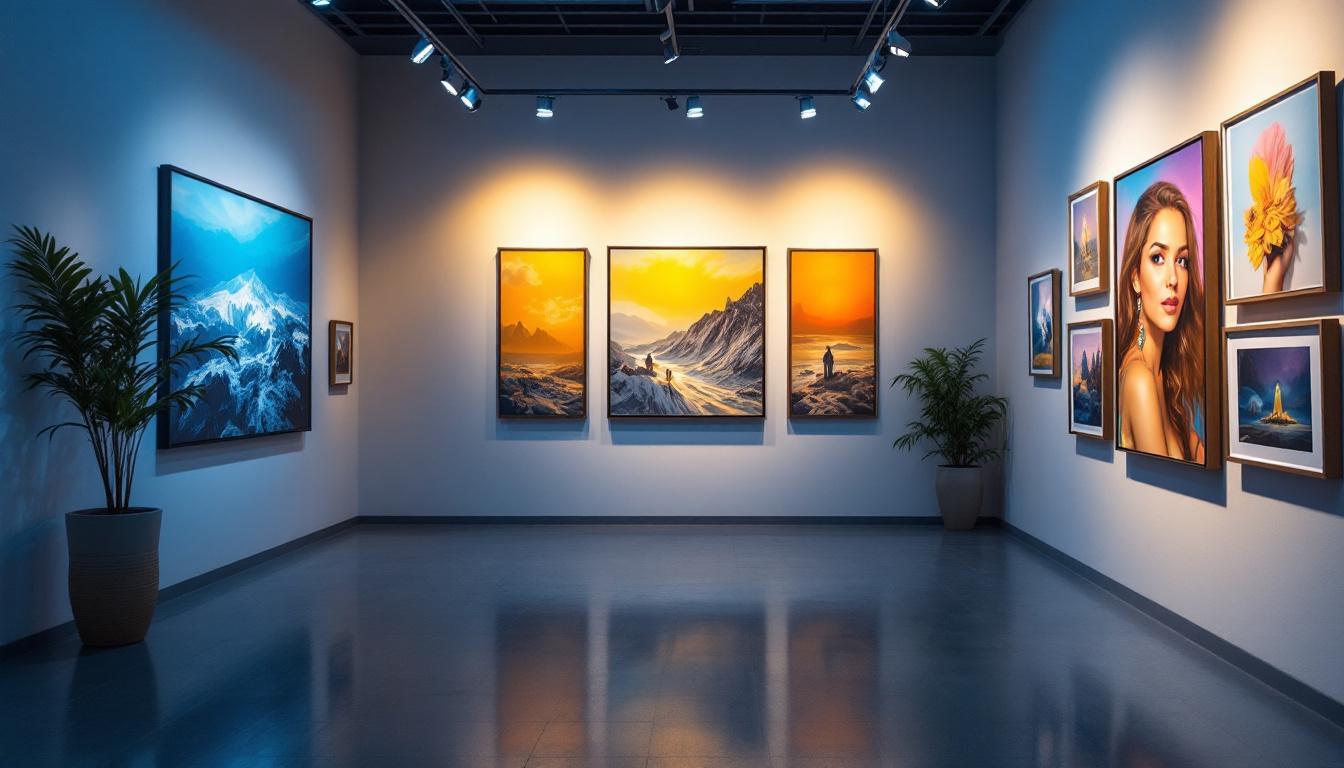 A photograph of a well-lit gallery space showcasing various artworks under sleek