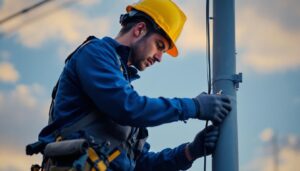 A photograph of a lighting contractor in the process of installing led pole lights