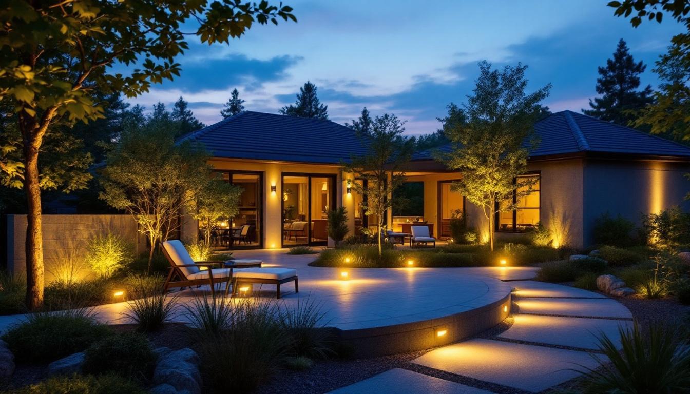 A photograph of a beautifully illuminated outdoor space featuring modern led exterior uplights highlighting architectural features
