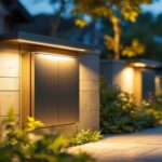 A photograph of a stylish and functional outdoor utility box cover in a well-lit urban or garden setting