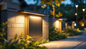 A photograph of a stylish and functional outdoor utility box cover in a well-lit urban or garden setting