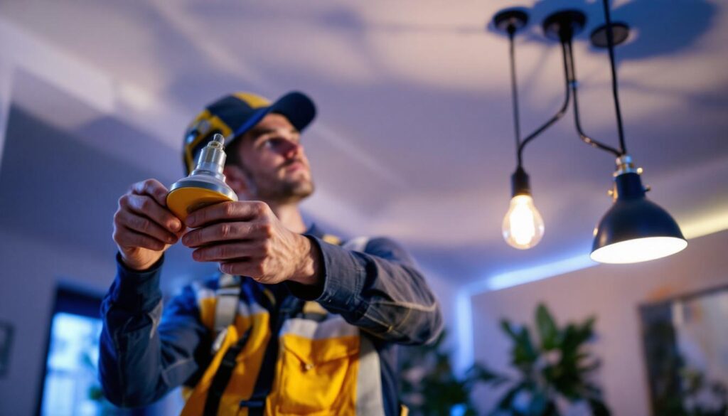 A photograph of a skilled lighting contractor at work