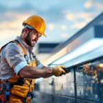 A photograph of a lighting contractor expertly installing led roof lights on a modern building