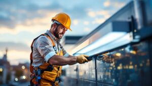 A photograph of a lighting contractor expertly installing led roof lights on a modern building