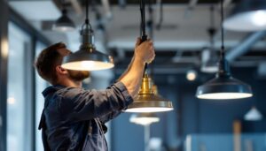 A photograph of a skilled lighting contractor installing sleek metal hanging lights in a modern workspace