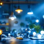 A photograph of a well-lit workspace featuring various lighting fixtures