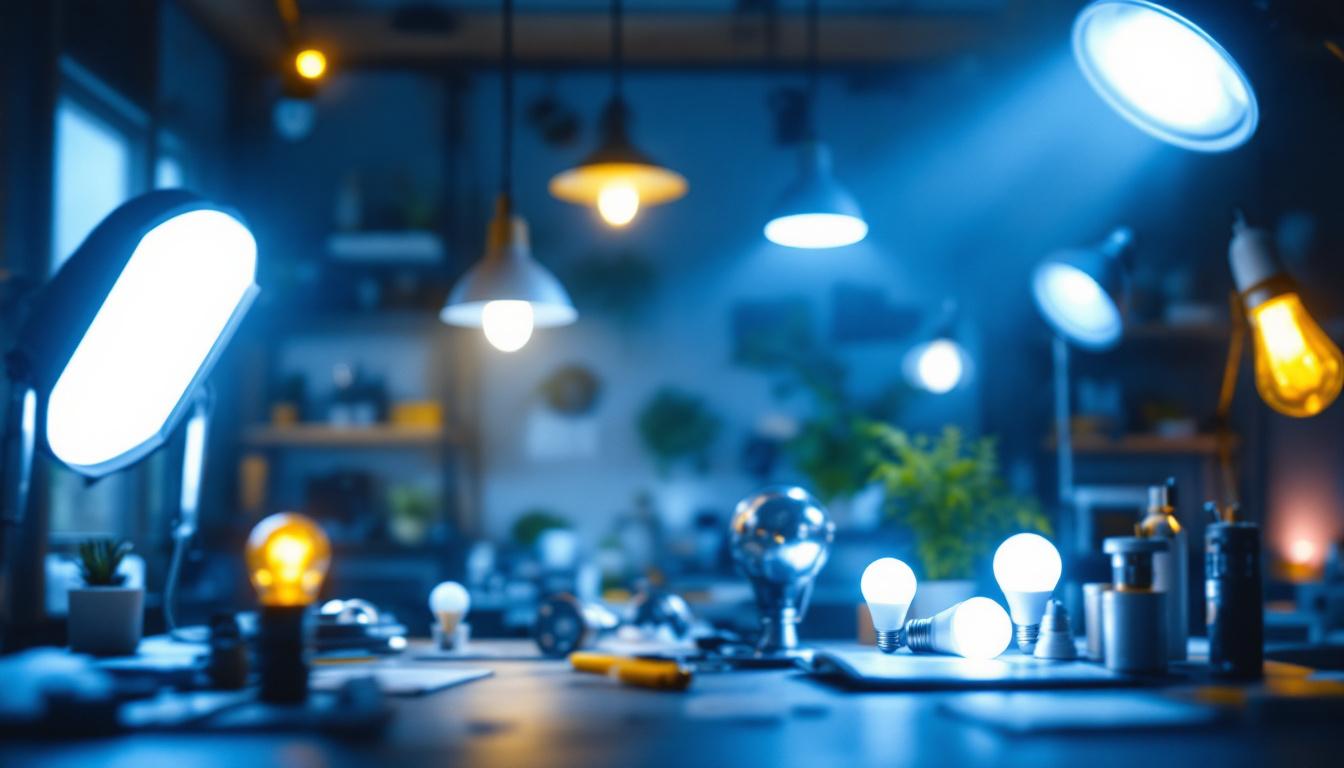 A photograph of a well-lit workspace featuring various lighting fixtures