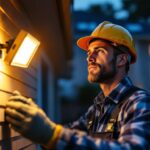 A photograph of a lighting contractor installing an outdoor flood light with a motion sensor in a residential setting during twilight