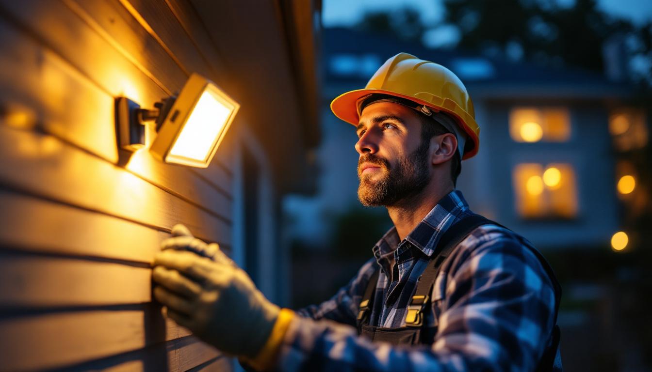 A photograph of a lighting contractor installing an outdoor flood light with a motion sensor in a residential setting during twilight