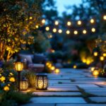 A photograph of a beautifully illuminated outdoor space featuring various styles of solar decorative lights in a garden or patio setting