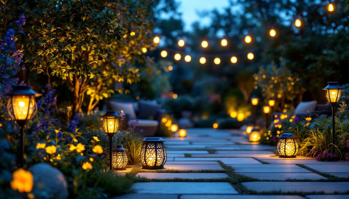 A photograph of a beautifully illuminated outdoor space featuring various styles of solar decorative lights in a garden or patio setting