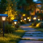 A photograph of a beautifully landscaped garden at dusk