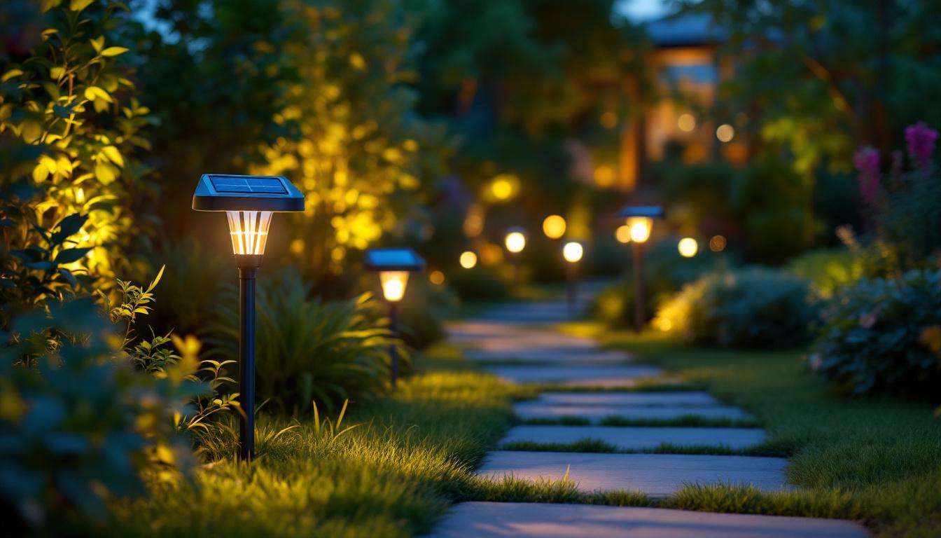 A photograph of a beautifully landscaped garden at dusk