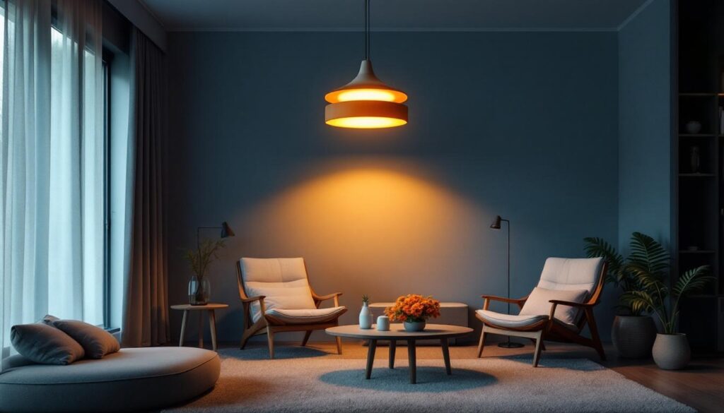 A photograph of a beautifully designed ambient ceiling light fixture illuminating a modern living space