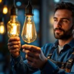 A photograph of a lighting contractor expertly installing or adjusting a vintage gas light bulb in a stylish