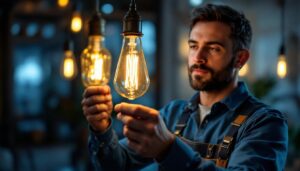 A photograph of a lighting contractor expertly installing or adjusting a vintage gas light bulb in a stylish
