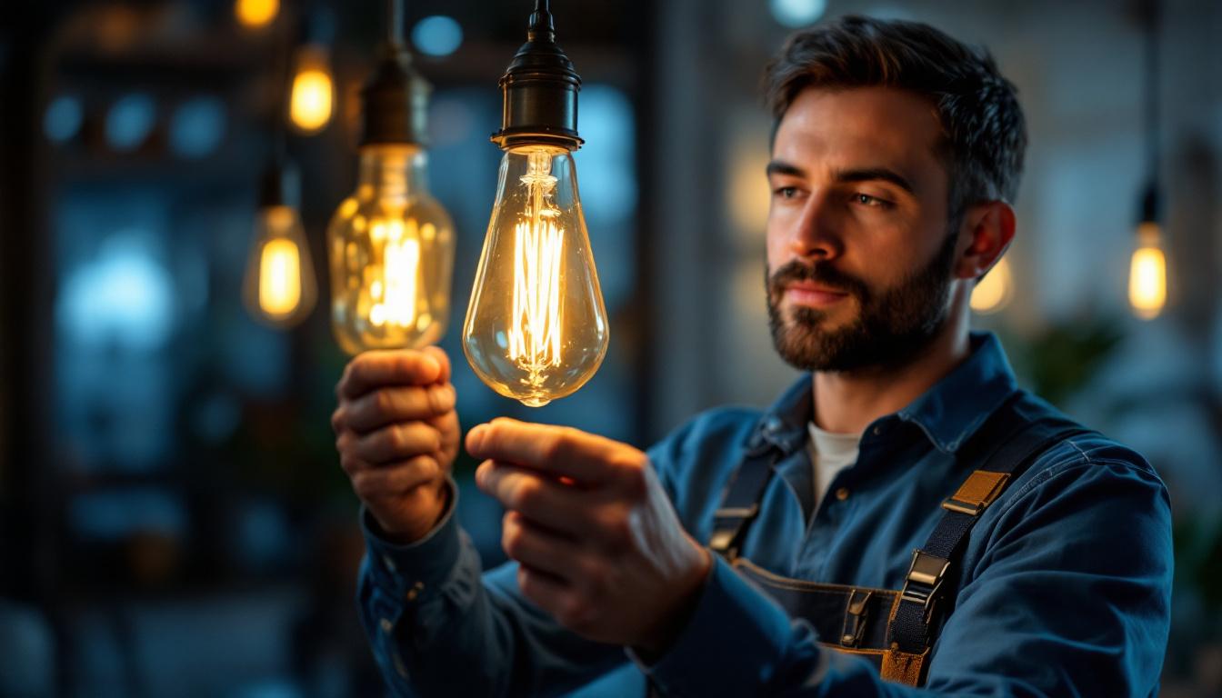 A photograph of a lighting contractor expertly installing or adjusting a vintage gas light bulb in a stylish