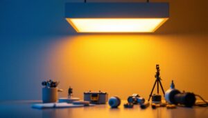 A photograph of a well-lit interior space showcasing a modern ceiling flat light fixture