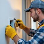 A photograph of a lighting contractor in action