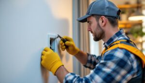 A photograph of a lighting contractor in action