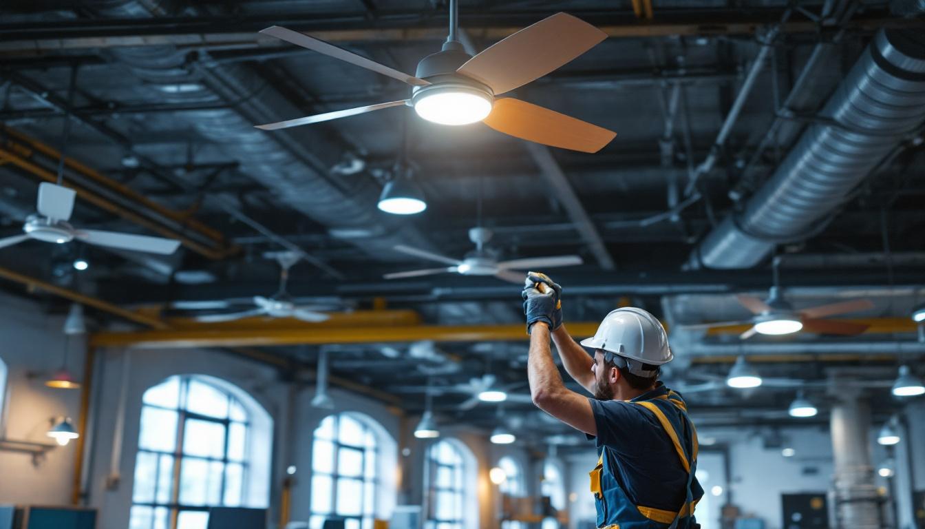 A photograph of capture a photograph of a well-lit industrial space featuring stylish ceiling fans in action