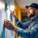 A photograph of a skilled lighting contractor installing led can lights in a modern home setting